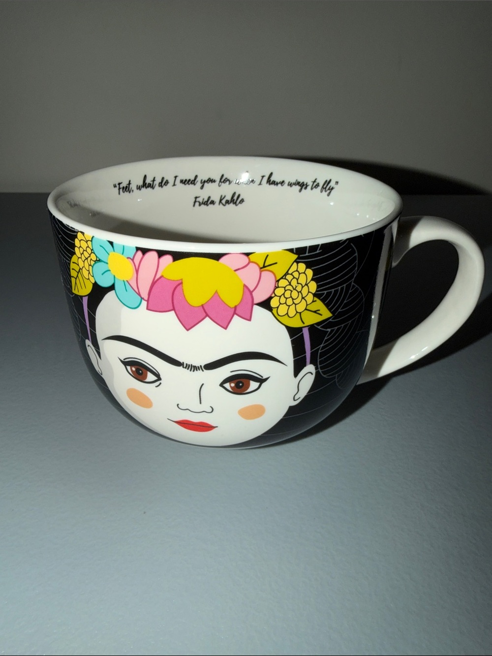 Kikkerland Frida Kahlo Black Mug with Pink, Yellow & Teal Flower Crown